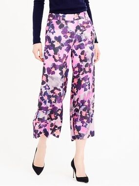 J.Crew Collection Wide Leg Silk Pants in Watercolor Floral Purple Women Sz 6